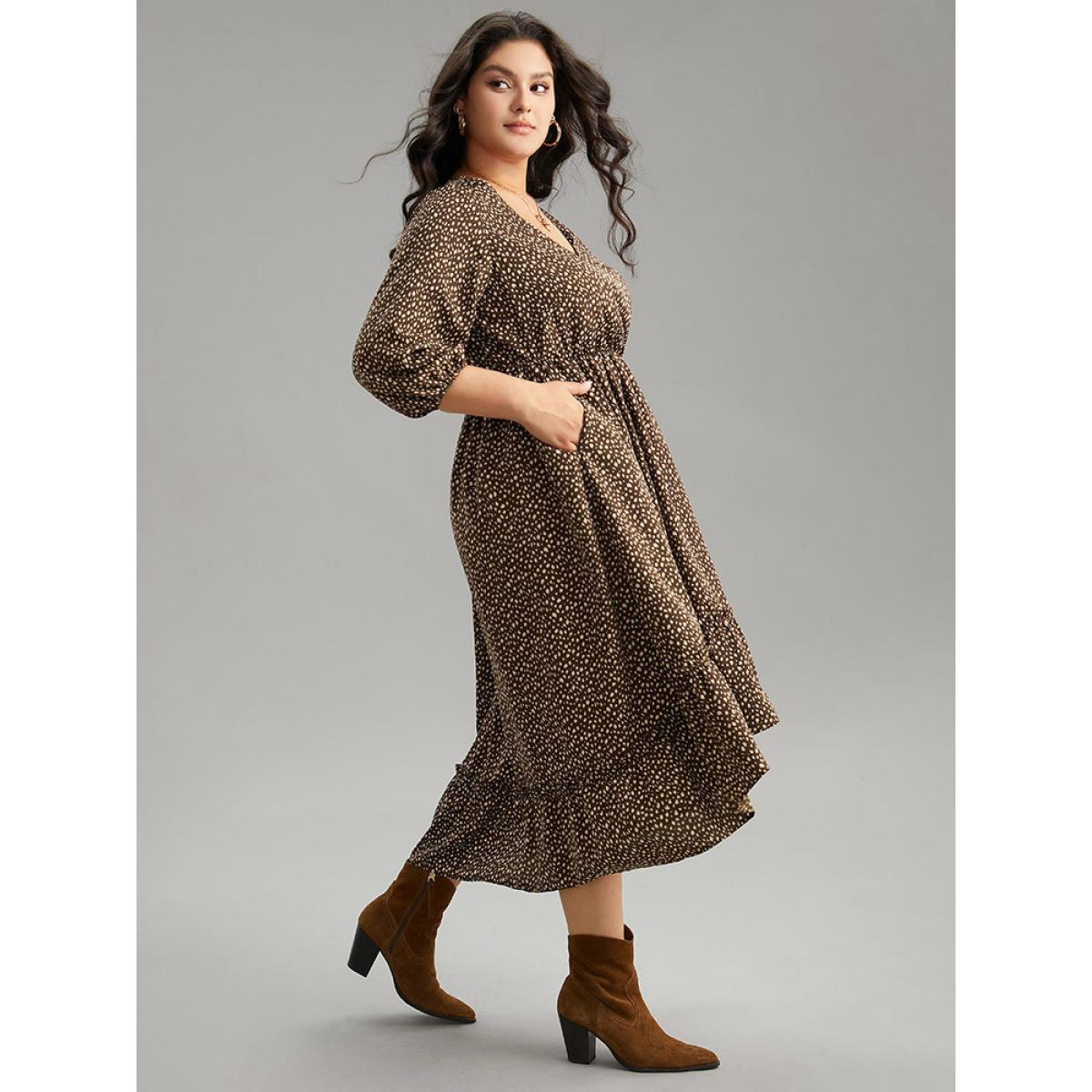 Plus Size Leopard Lantern Sleeve Ruffles Frill Trim Dress DarkBrown Women Vacation Elastic cuffs V-neck Elbow-length sleeve Curvy Midi Dress BloomChic 18-20/2X Product Image