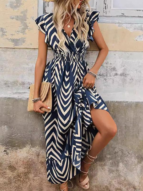 Flying Sleeves Loose Elasticity Printed Split-Joint V-Neck Maxi Dresses Product Image