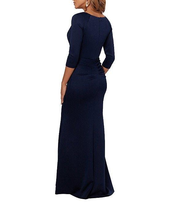 Xscape Stretch V-Neck 3/4 Sleeve Pleated Draped Gown Product Image