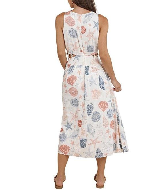 Sadie & Sage Linen Blend Seashell Print Side Cutout Shell Trim Dress Product Image