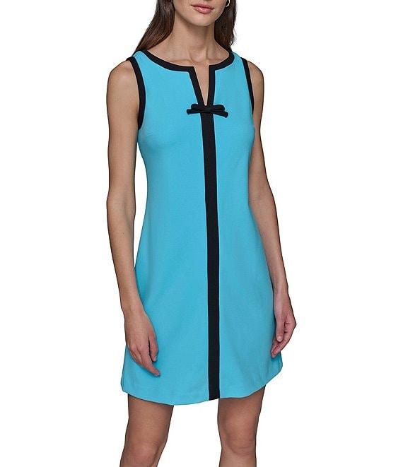 KARL LAGERFELD PARIS Stretch Scuba Crepe Contrast Trim V-Neck Sleeveless Sheath Dress Product Image