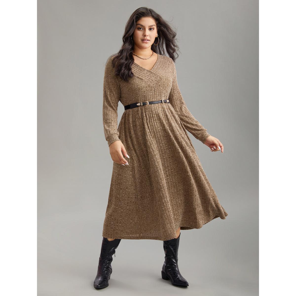 Plus Size Rib Knit Plain Plisse Long Sleeve Dress Yellowishbrown Women Casual Rib Knit V-neck Long Sleeve Curvy Midi Dress BloomChic 22-24/3X Product Image