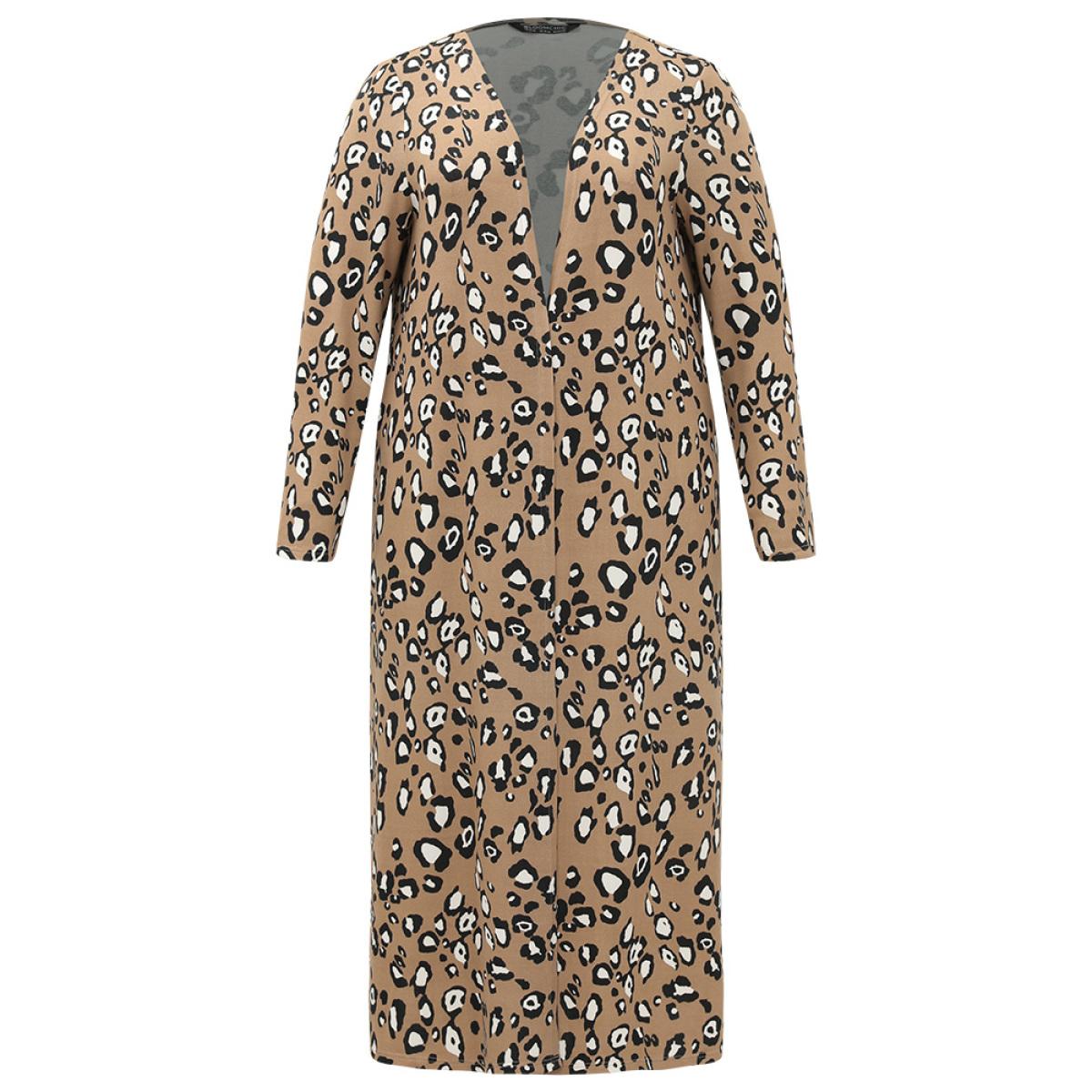 Plus Size Leopard Print Split Hem Pocket Kimono Women Tan Casual Printed Pocket Dailywear Kimonos BloomChic 12/L Product Image