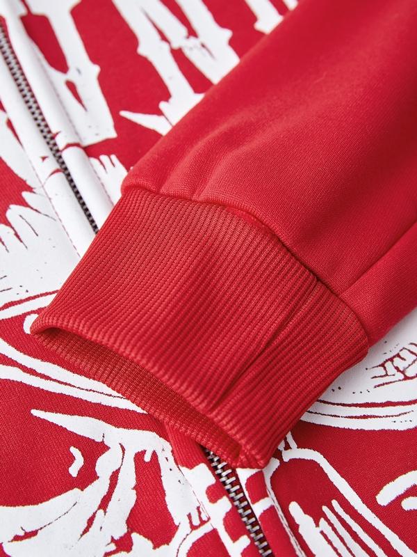 Red Vintage Print Zip Up Oversized Hoodie Product Image