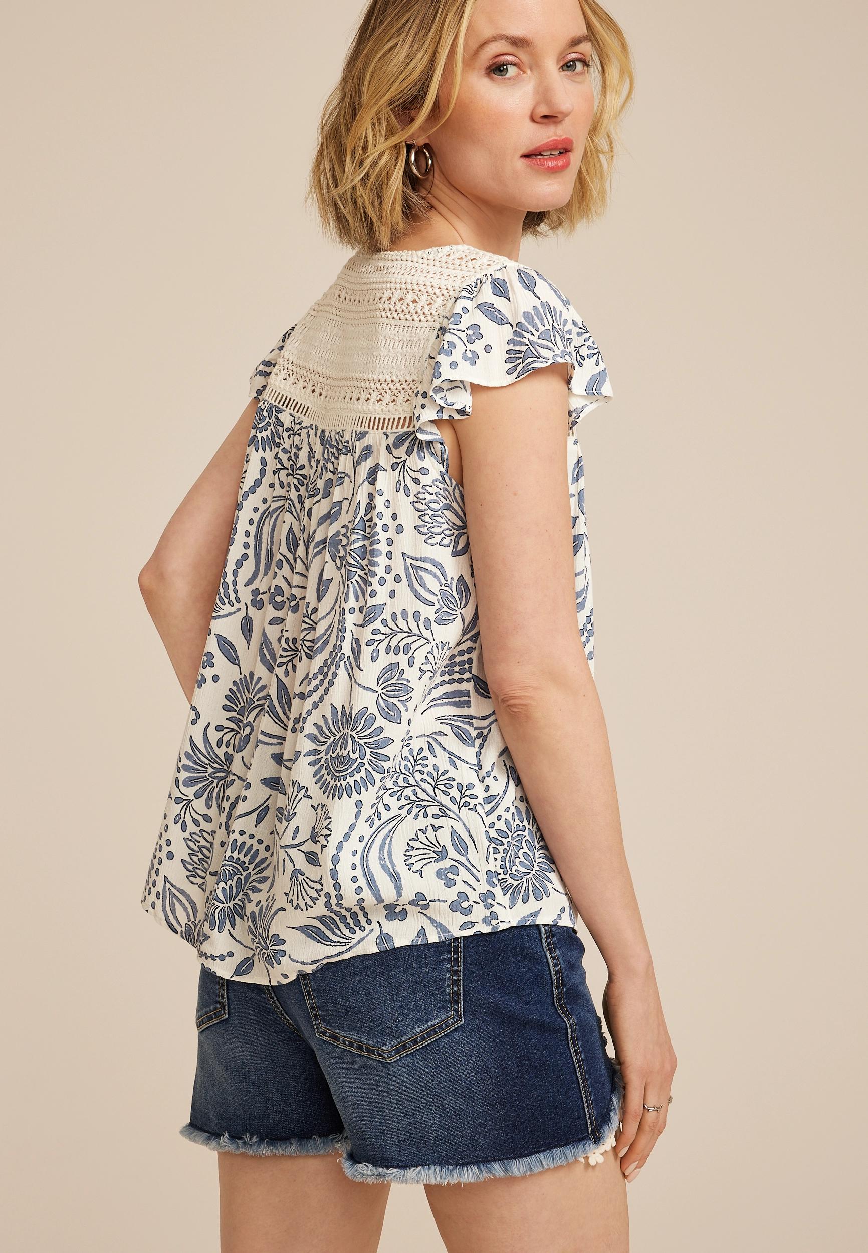 Floral Crochet Embroidered Tie Front Blouse Product Image