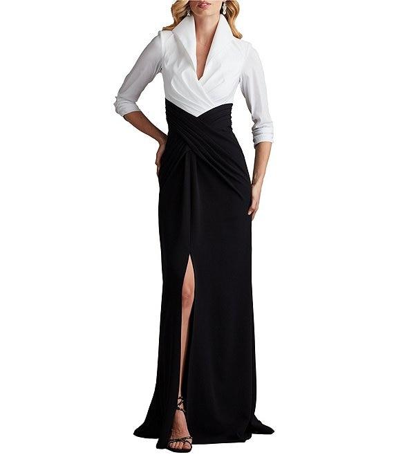 Tadashi Shoji Taffeta Crepe Color Block V-Neck 3/4 Sleeve Maxi Dress Product Image