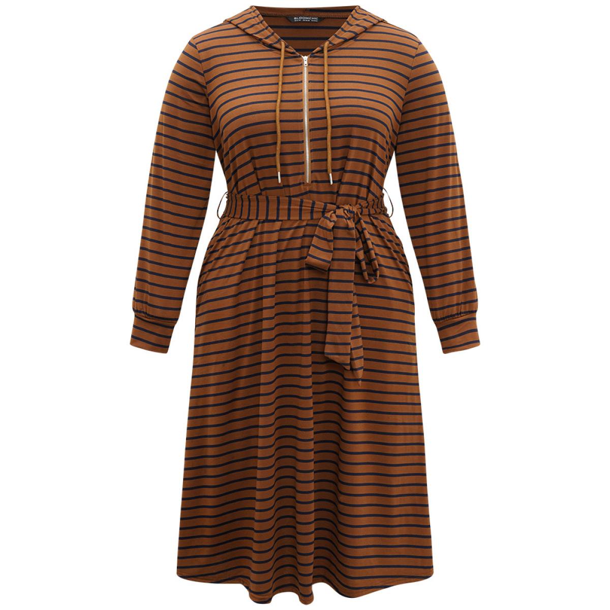 Plus Size Striped Belted Zipper Drawstring Dress Brown Women Casual Belted Hooded Long Sleeve Curvy Midi Dress BloomChic 12/L Product Image