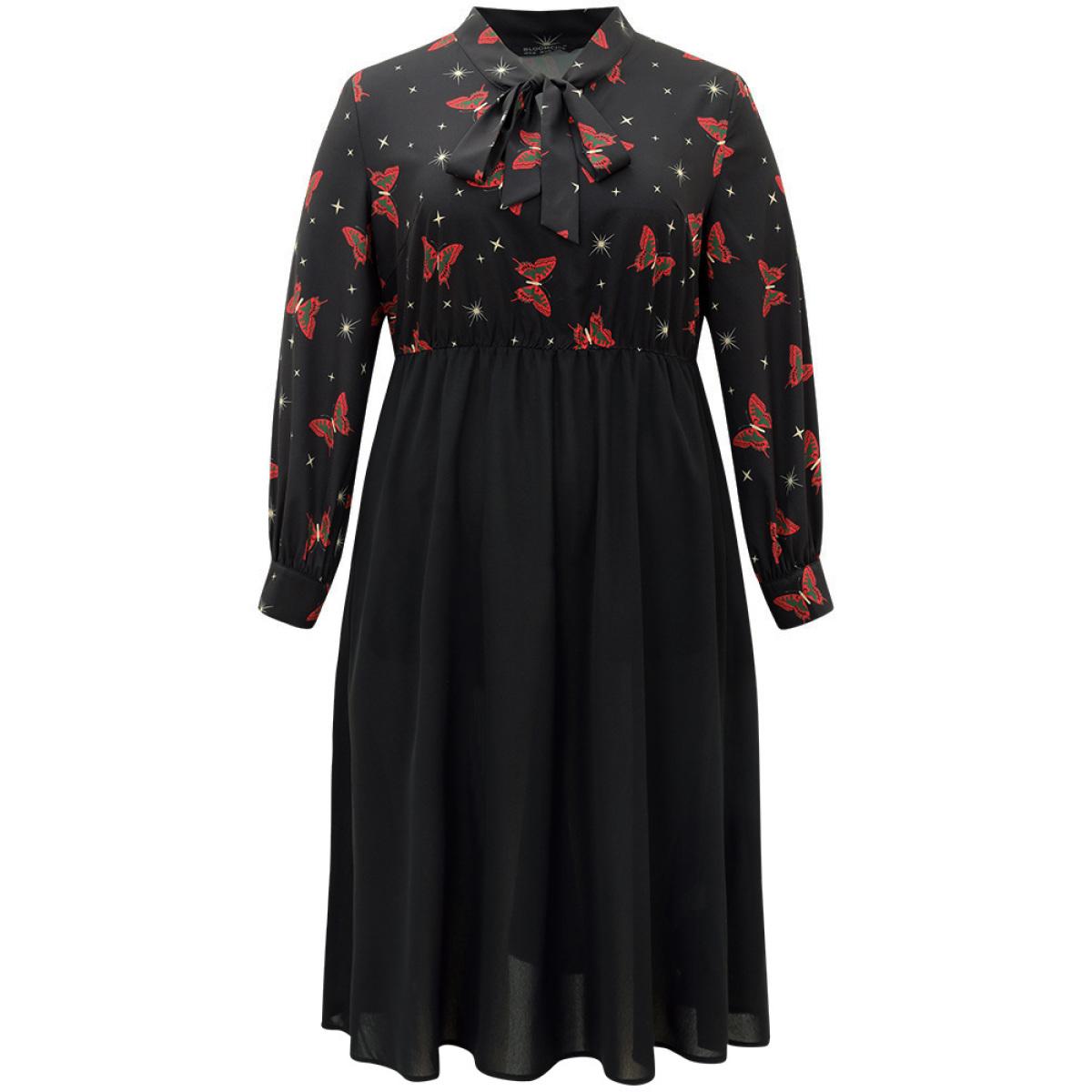 Plus Size Christmas Butterfly Patchwork Tie Neck Dress Black Women Office Cross straps Tie Neck Long Sleeve Curvy Midi Dress BloomChic 28/5X Product Image