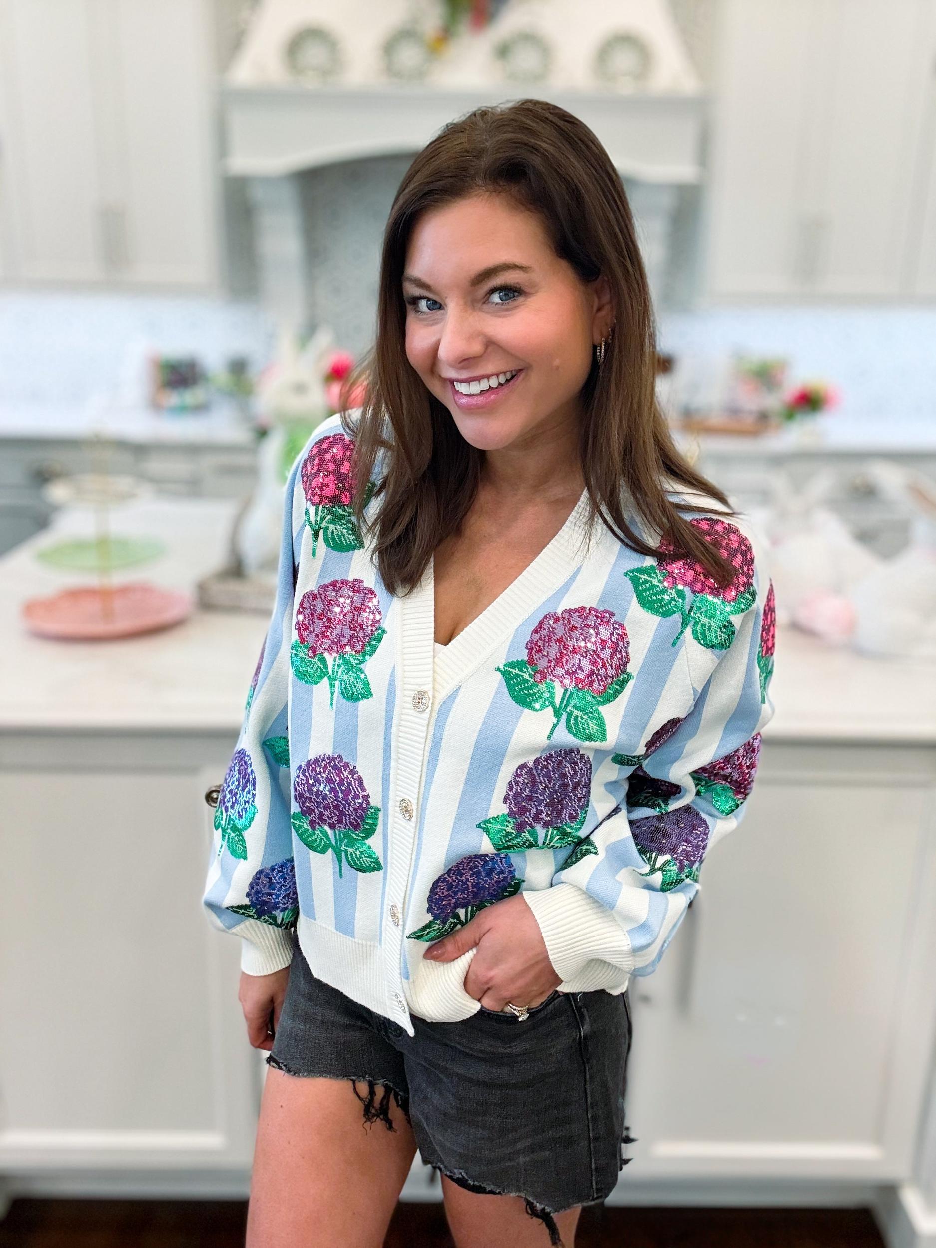 Blue & White Striped Hibiscus Cardigan Product Image