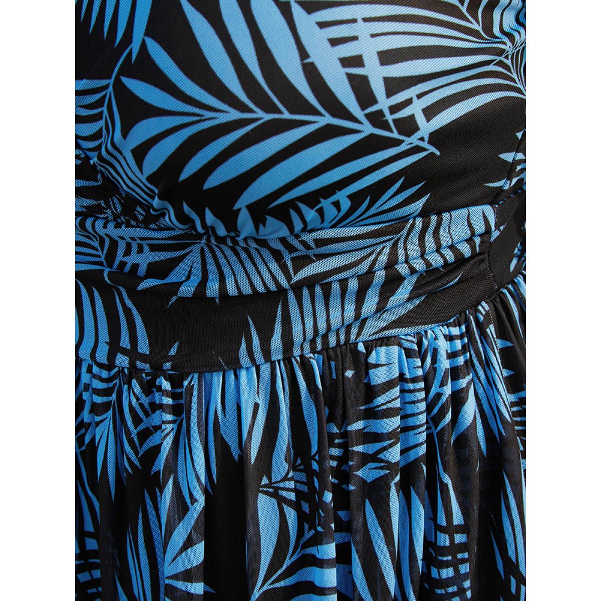 Plus Size Plant Print Bow Ruffle Split Hem Swim Dress Women's Swimwear Blue Vacation Bodycon V-neck High stretch Curve Swim Dresses BloomChic 10/M Product Image