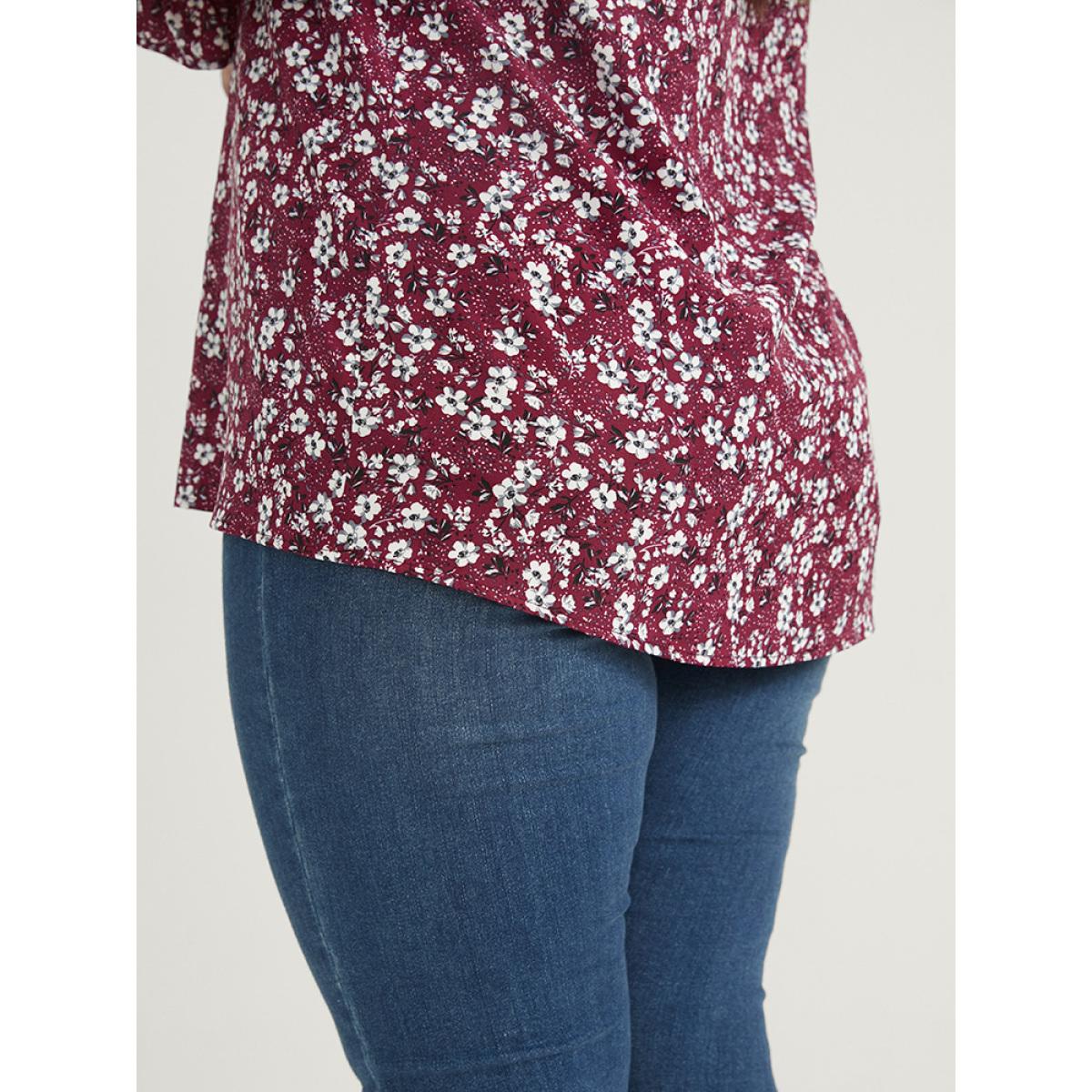 Plus Size Burgundy Floral Lantern Sleeve Arc Hem V Neck Blouse Women Elegant Long Sleeve V-neck Dailywear Blouses BloomChic 22-24/3X Product Image