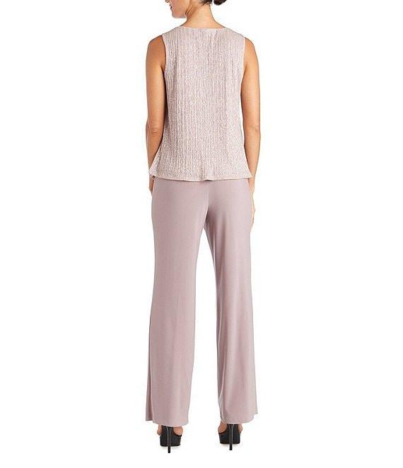 R & M Richards Petite Size Pleated Metallic Scoop Neck 3/4 Sleeve 2-Piece Pant Set Product Image