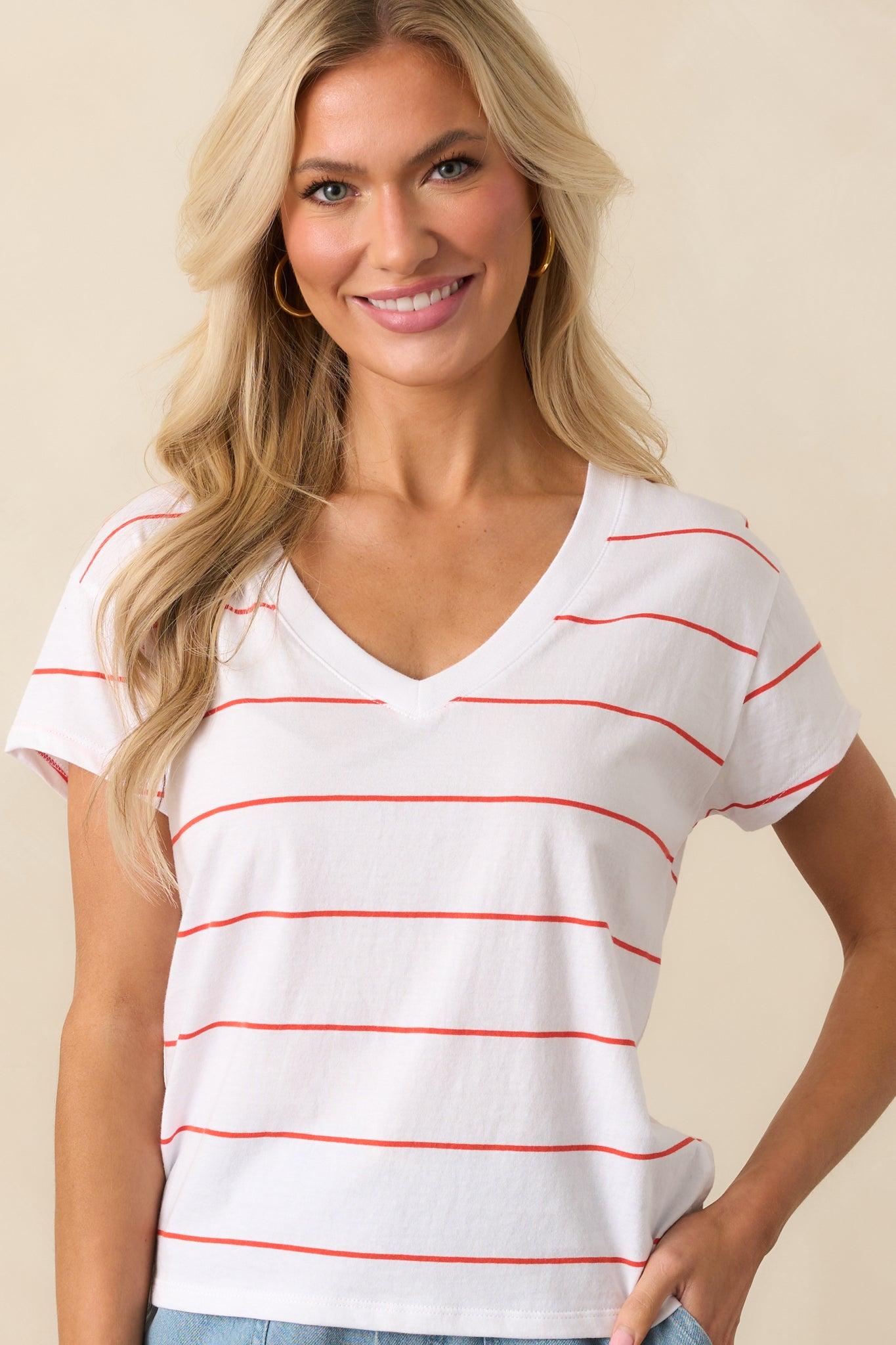 Z Supply Red Striped Cotton Modern V-Neck Tee Product Image