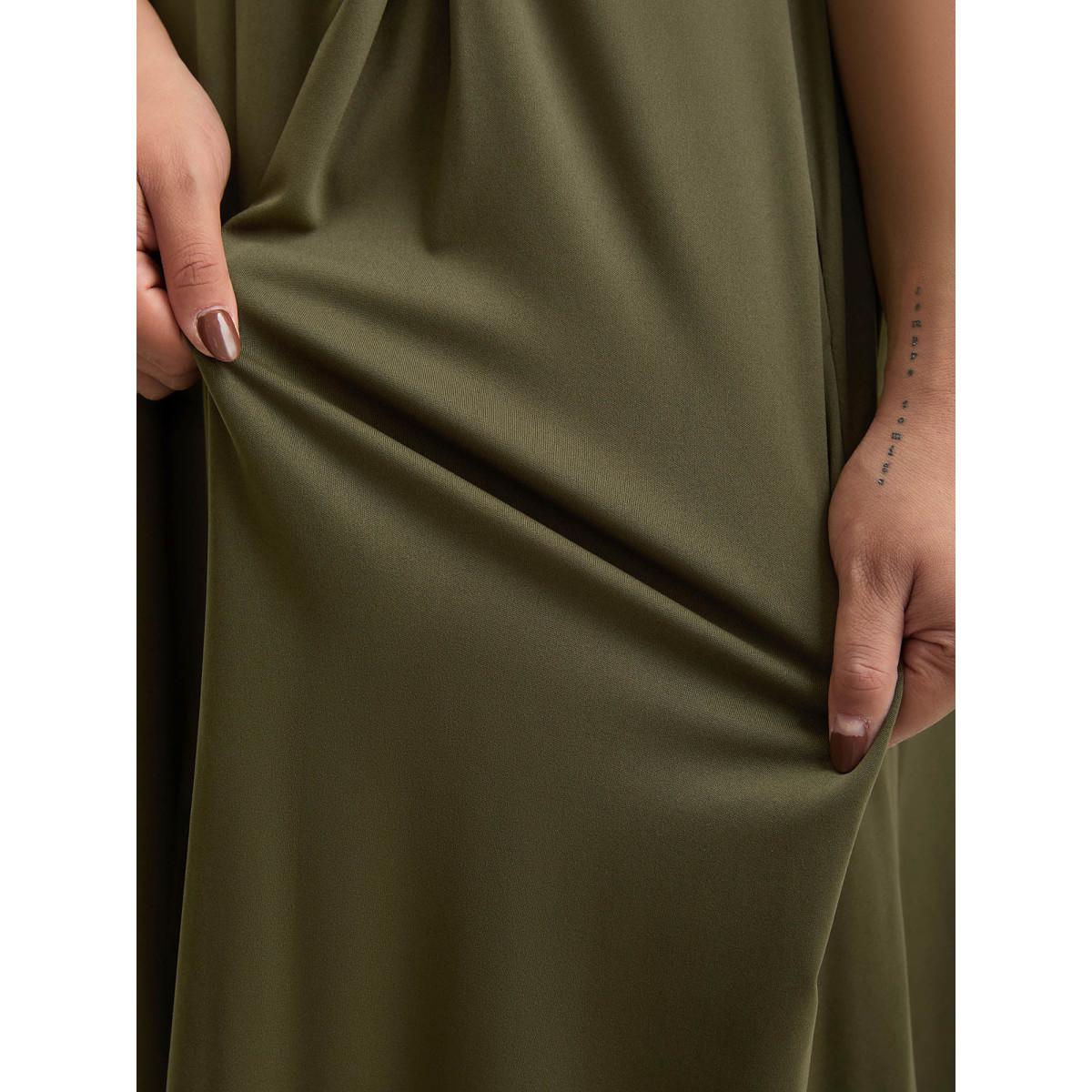 Plus Size Stretchy Plicated Detail Square Neck Dress ArmyGreen Women At the Office Pleated Square Neck Short sleeve Curvy BloomChic 14-16/1X Product Image