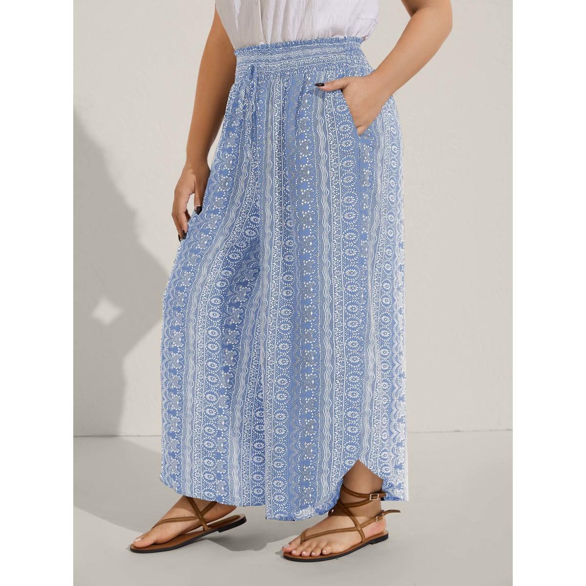 Plus Size Boho Print Shirred Waist Wide-Leg Pants Women Lemonyellow Boho Wide Leg Mid Rise Vacation Pants BloomChic 12/L Product Image