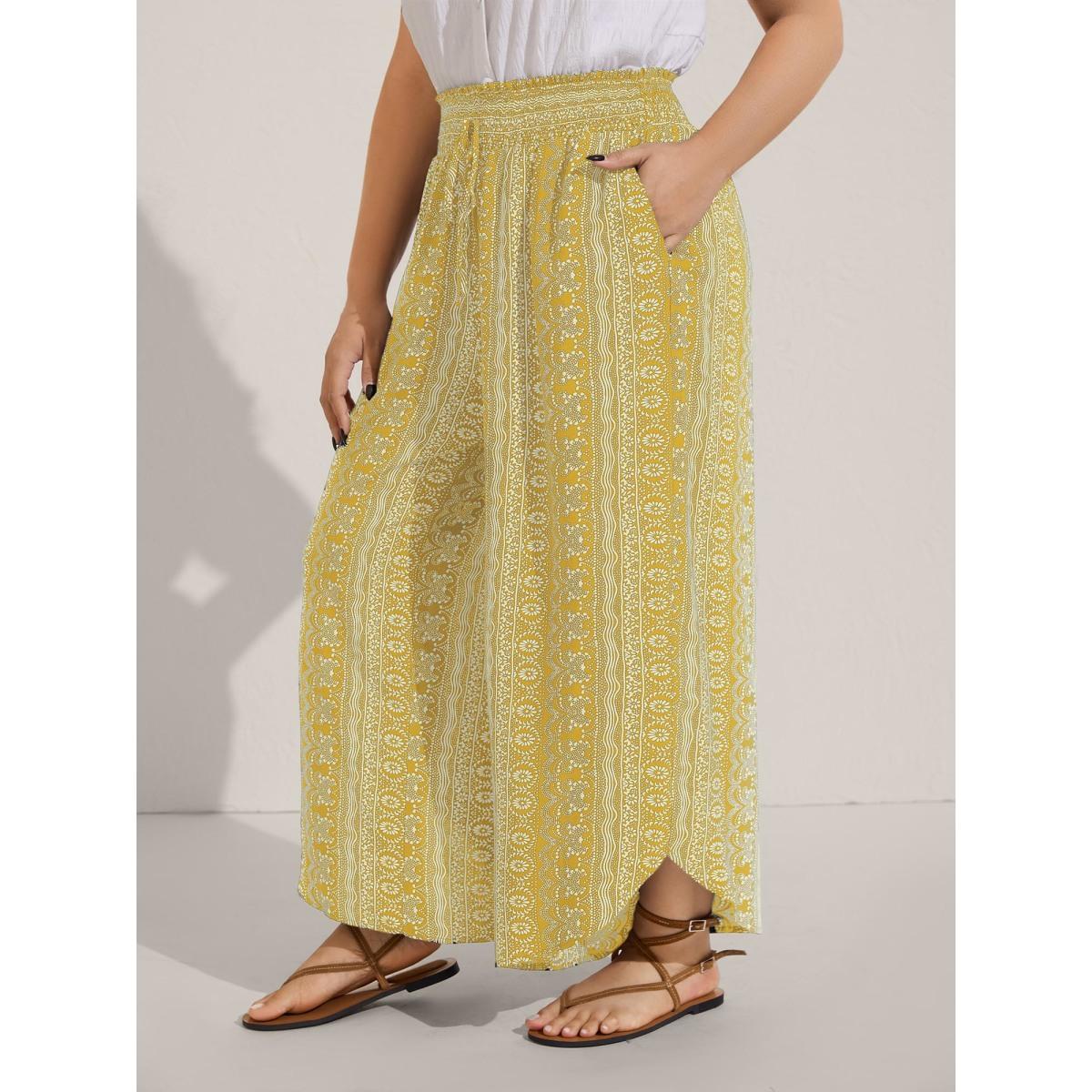 Plus Size Boho Print Shirred Waist Wide-Leg Pants Women Lemonyellow Boho Wide Leg Mid Rise Vacation Pants BloomChic 12/L Product Image