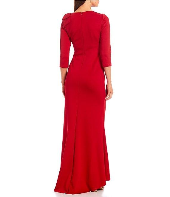 Jessica Howard 3/4 Sleeve Asymmetrical Neck Bow Shoulder Side Tuck Gown Product Image