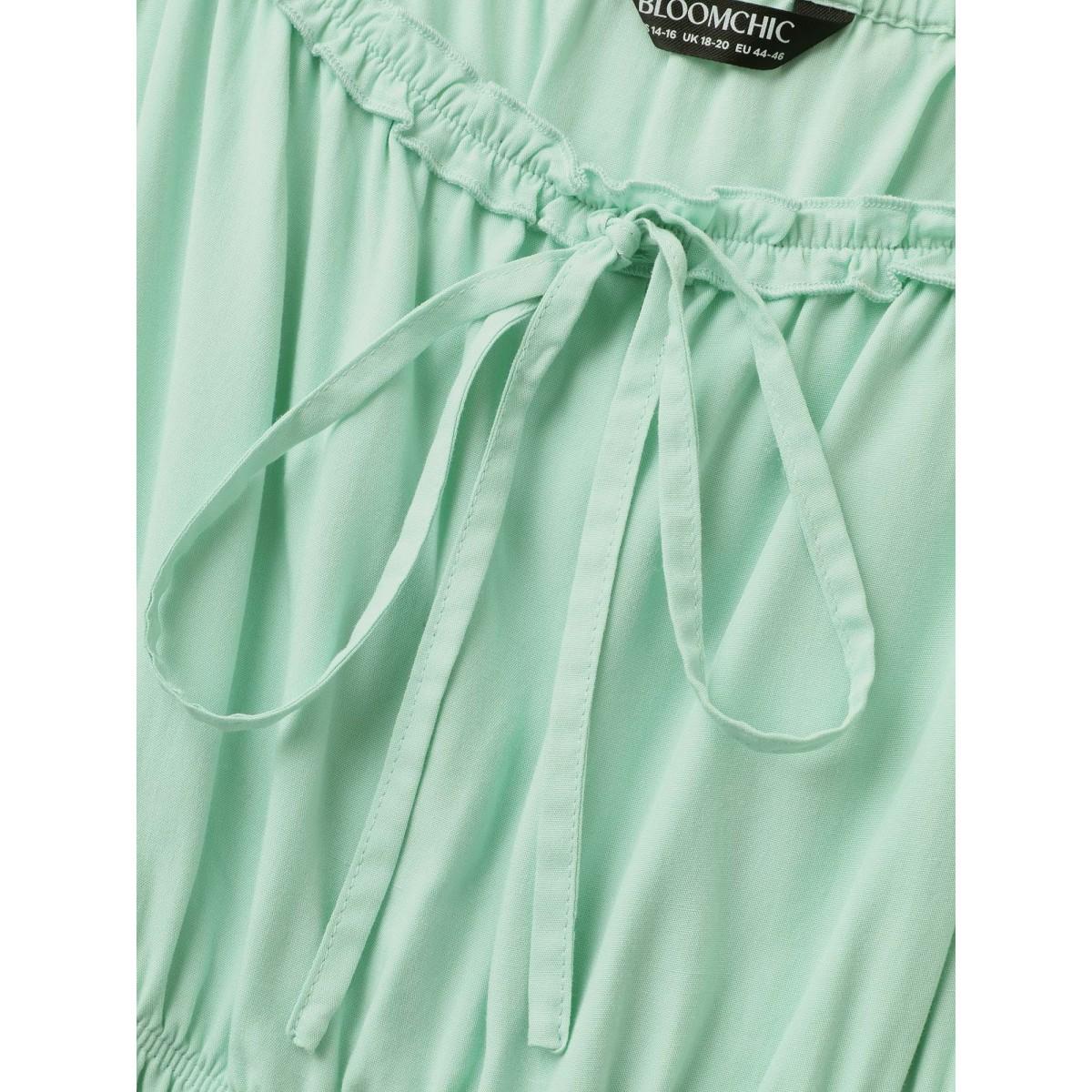 Plus Size Rayon Stretchy Waist Pockets Knee Dress Greenbean Women Resort Square Neck Short sleeve Curvy BloomChic 12/L Product Image