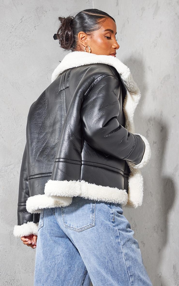 Black Faux Fur Lined Faux Leather Buckled Aviator Jacket Product Image