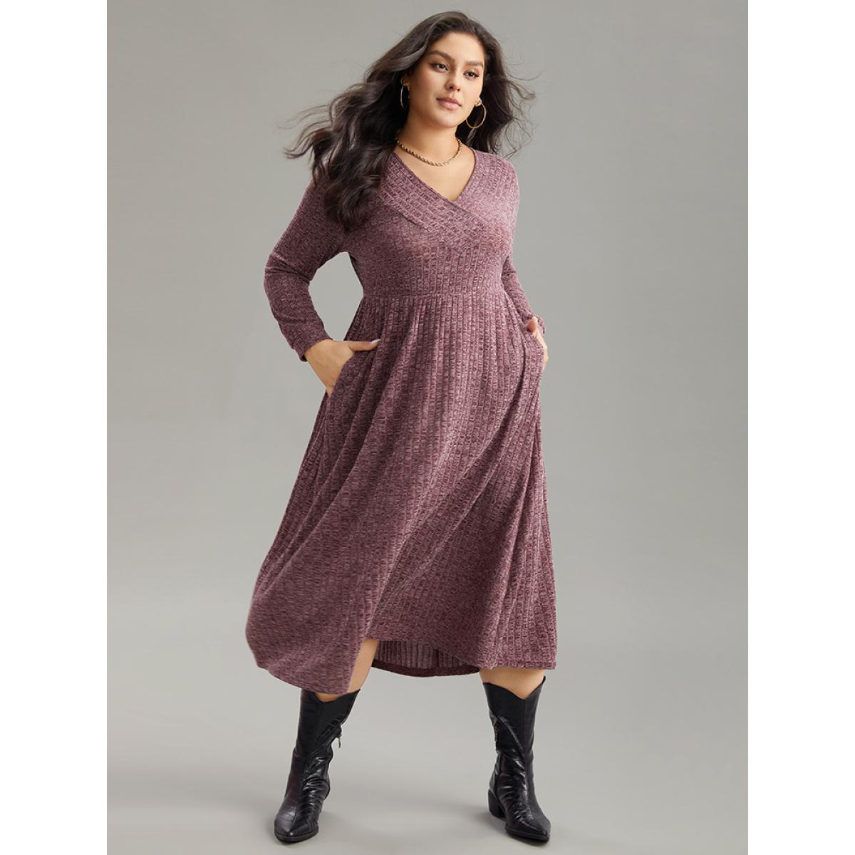 Plus Size Rib Knit Plain Plisse Long Sleeve Dress Purple Women Leisure Rib Knit V-neck Long Sleeve Curvy Midi Dress BloomChic 12/L Product Image
