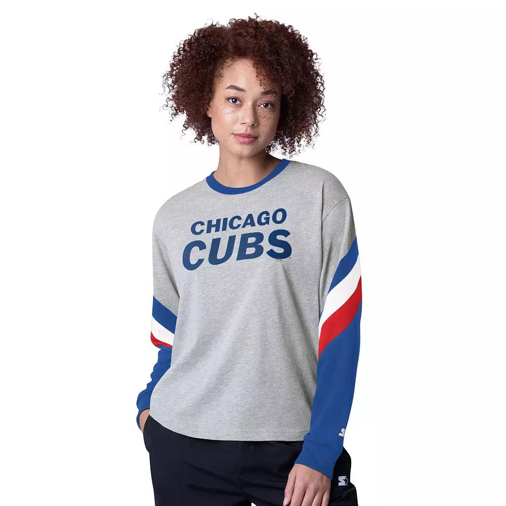 Women's Starter Heather Gray Chicago Cubs Triple A Fashion Color Block Long Sleeve Top, Size: XL, Grey Product Image