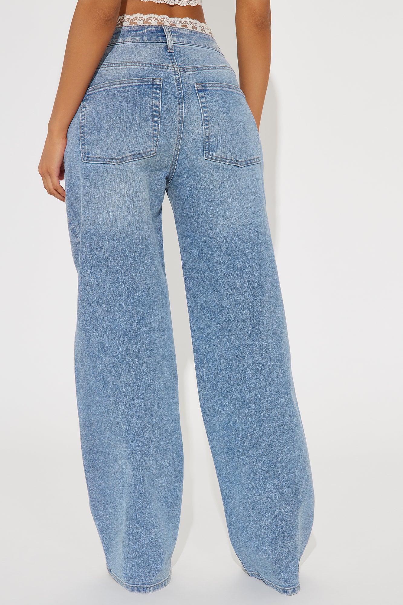 Stuck In My Head Stretch Lace Trim Baggy Jeans - Medium Wash Product Image