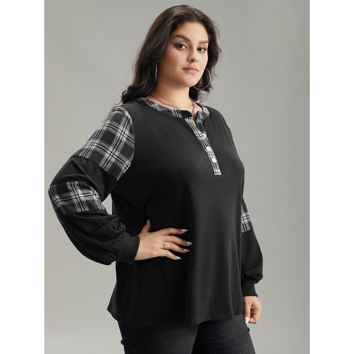 Plus Size Plaid Patchwork Button Up Rib Knit Sweatshirt Women Black Casual Elastic cuffs Open Front Dailywear Sweatshirts BloomChic 18-20/2X Product Image