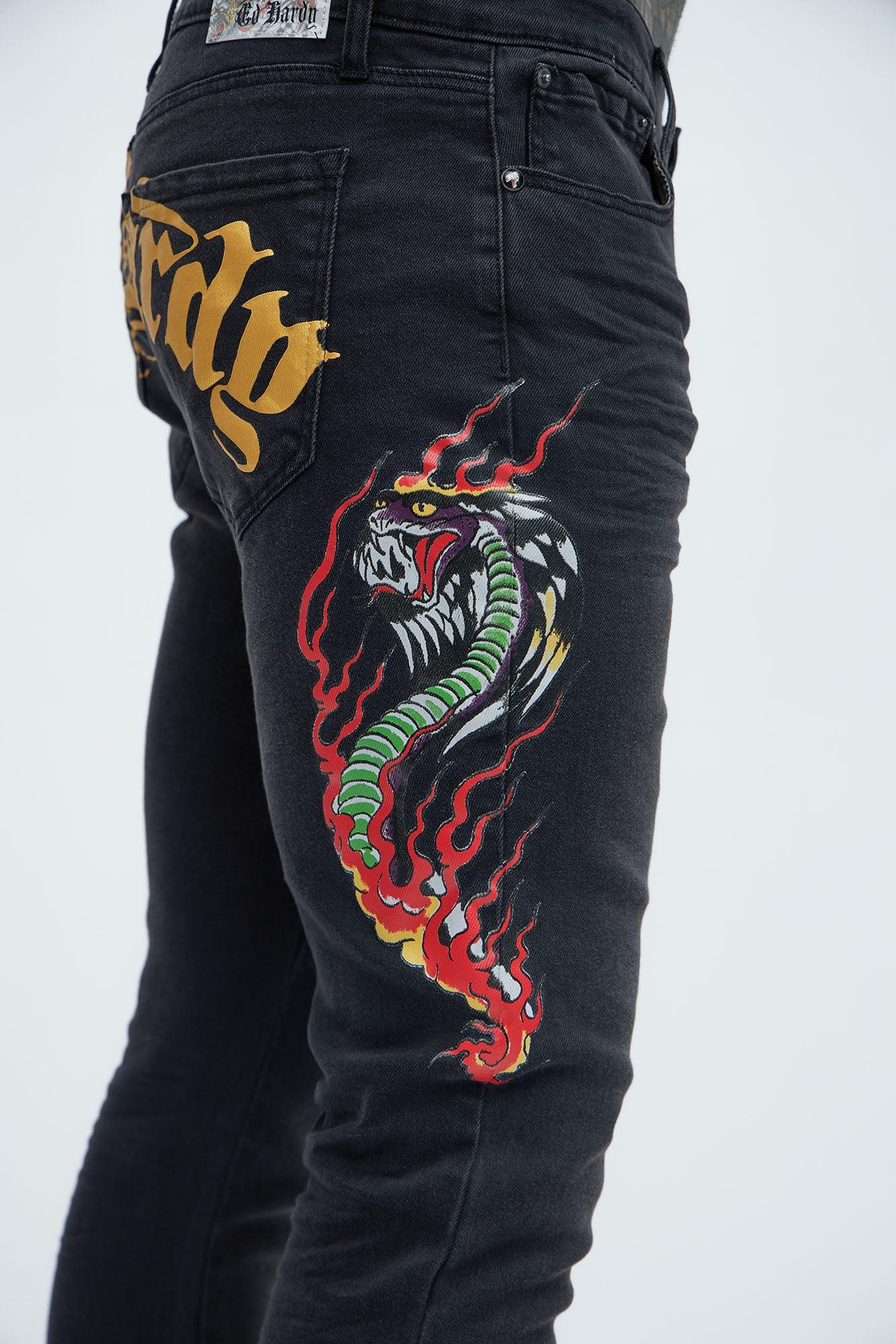 Ed Hardy Stacked Skinny Cobra Flame Jeans - Black Wash Product Image