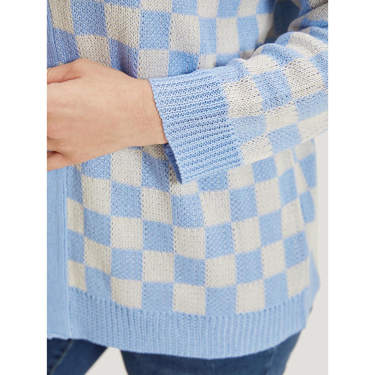 Plus Size Plaid Print Open Front Elastic Cuffs Cardigan LightBlue Women Casual Loose Long Sleeve Dailywear Cardigans BloomChic 22-24/3X Product Image