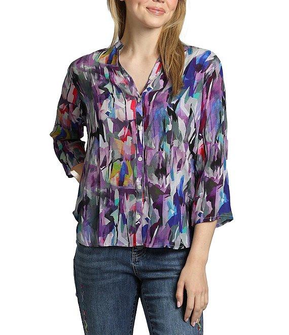 APNY Printed Mandarin Collar Neckline 3/4 Sleeve Blouse Product Image