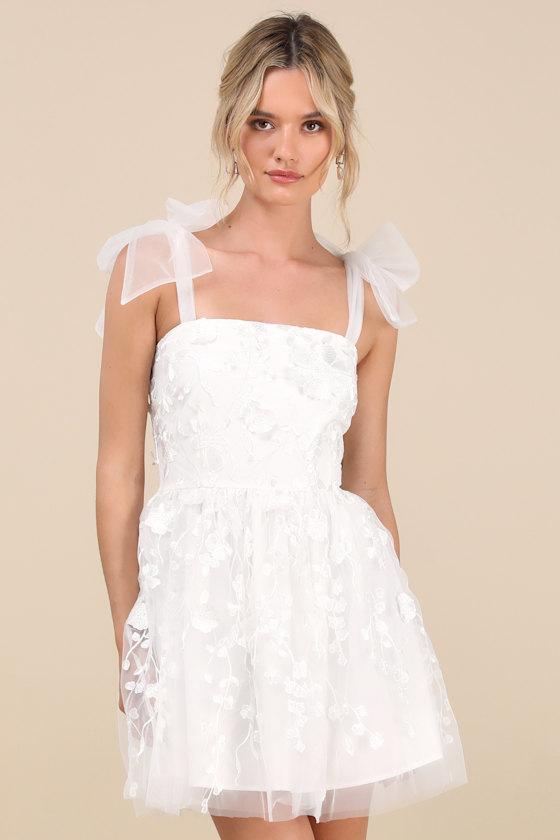 Classic Romance White 3D Floral Applique Tie-Strap Mini Dress Product Image