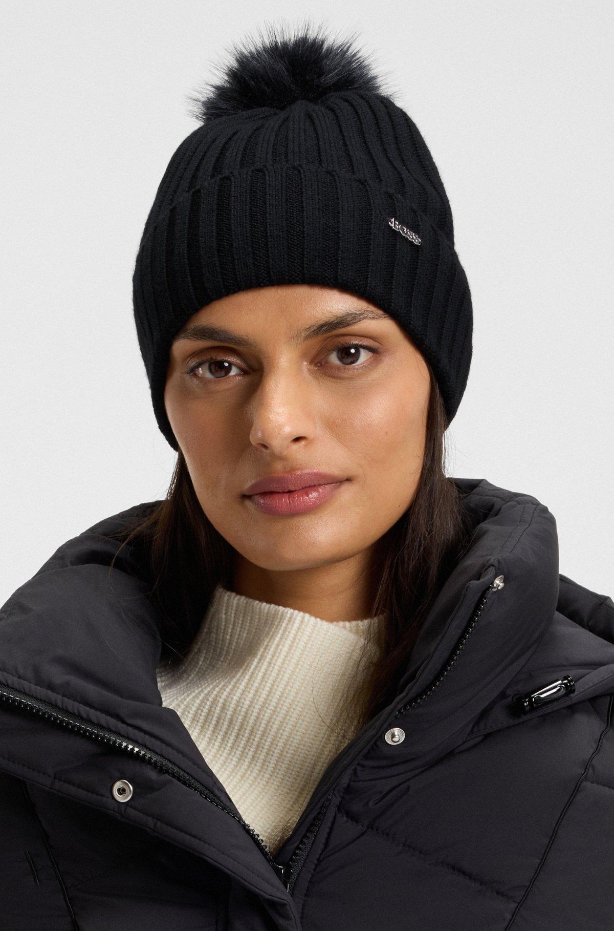 Virgin-wool beanie hat with faux-fur pom pom Product Image