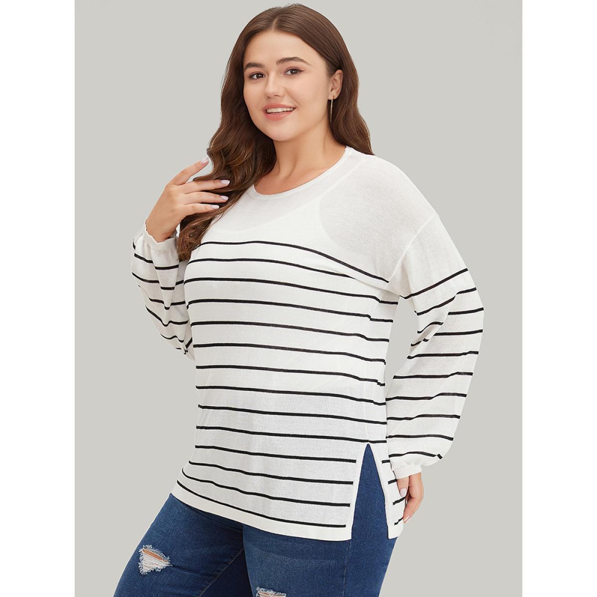 Plus Size Striped Split Side Lightweight Elastic Cuffs Pullover White Women Casual Loose Long Sleeve Round Neck Everyday Pullovers BloomChic 14-16/1X Product Image