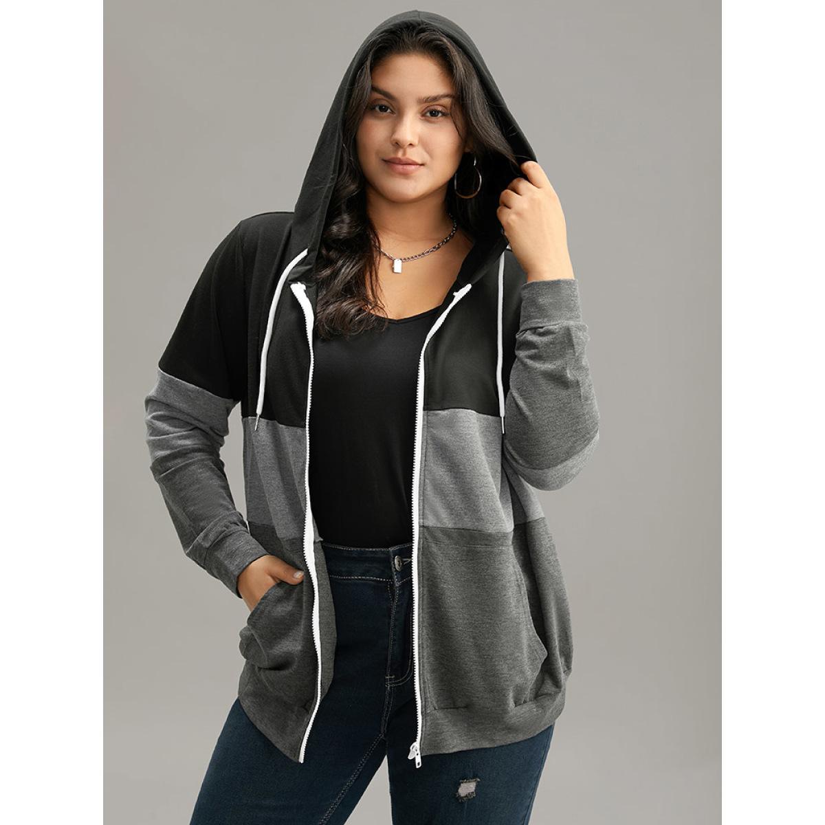 Plus Size Colorblock Contrast Drawstring Zipper Hooded Sweatshirt Women Multicolor Casual Contrast Hooded Everyday Sweatshirts BloomChic 10/M Product Image