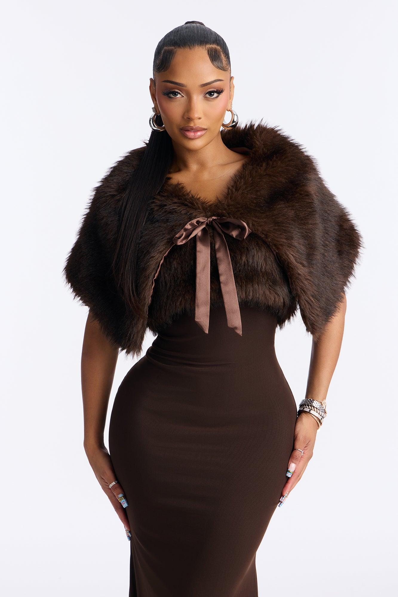 Glam Theory 2 Piece Faux Fur Gown - Chocolate Female Product Image