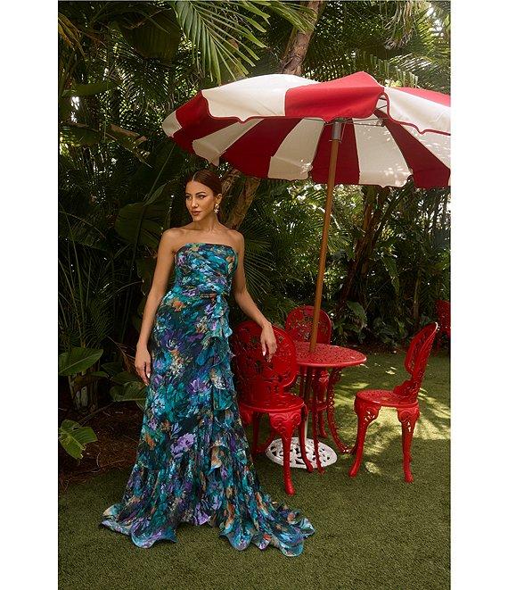 Xscape Petite Size Strapless Floral Print Ruffle Maxi Gown Product Image