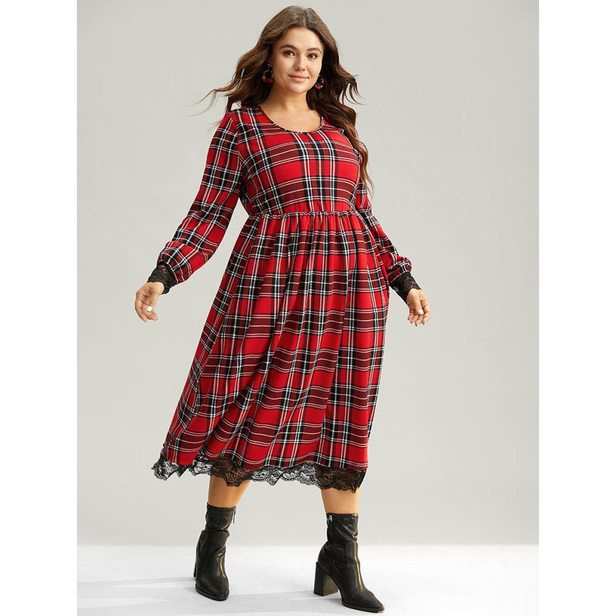 Plus Size Plaid Guipure Lace Elastic Waist Gathered Dress Raspberry Women Casual Printed Round Neck Long Sleeve Curvy Midi Dress BloomChic 14-16/1X Product Image