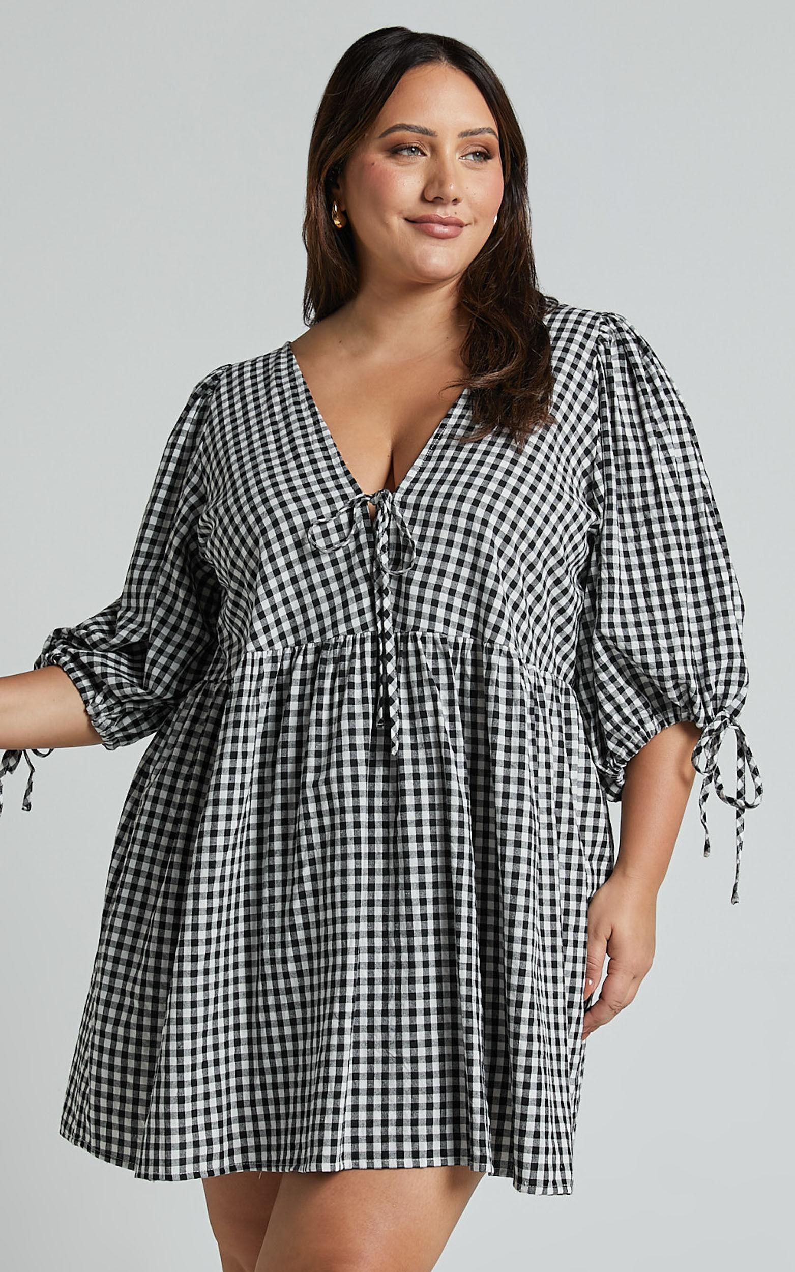 Rosita Mini Dress - Tie Front Puff Sleeve Dress in Black and White Check Product Image