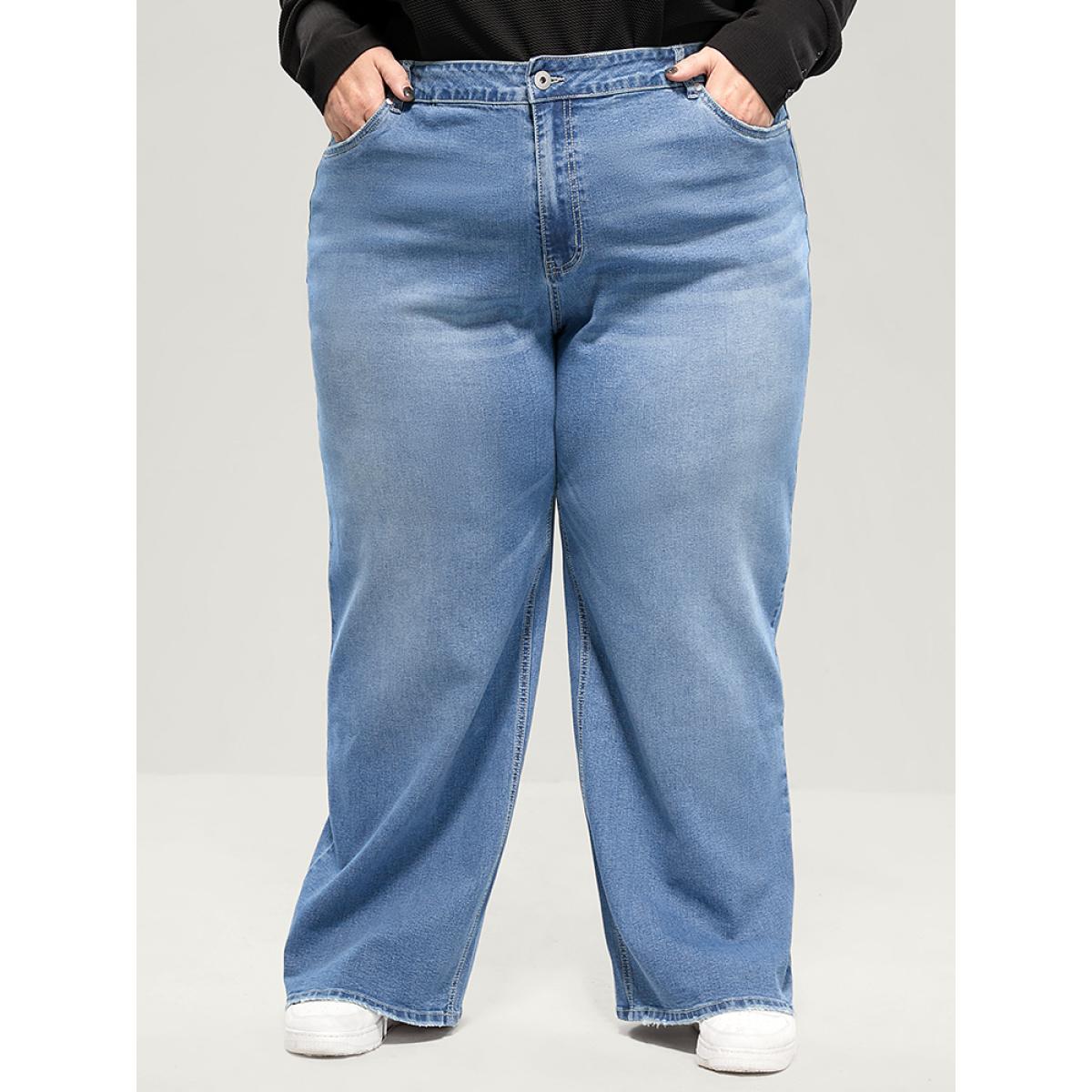 Plus Size Boyfriend Wide Leg Slightly Stretchy High Rise Medium Wash Jeans Women Stone Casual Plain Low stretch Pocket Jeans BloomChic 30/6X Product Image