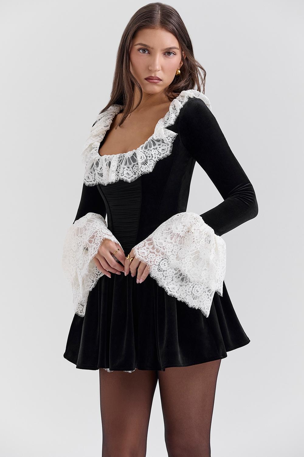 Czarina  black velvet lace trimmed mini dress - sale Product Image