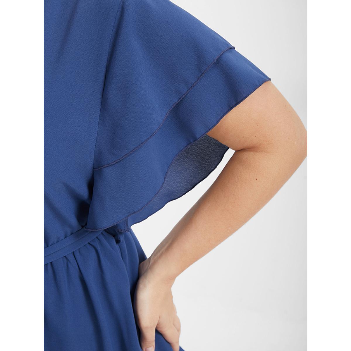 Plus Size DarkBlue Solid Babydoll Flutter Tiered Belted V Neck Blouse Women Elegant Short sleeve V-neck Dailywear Blouses BloomChic 14-16/1X Product Image