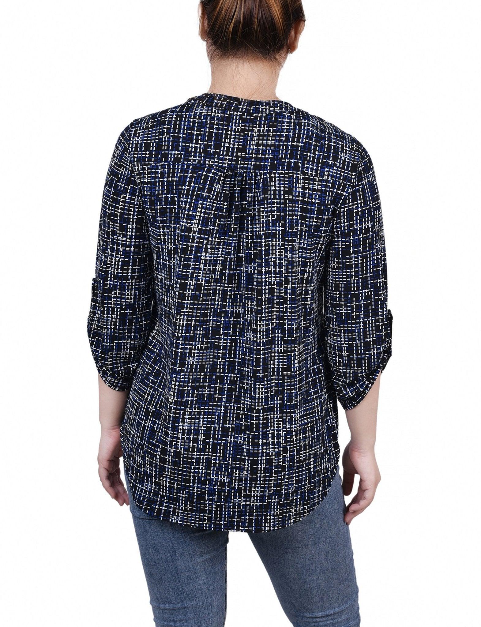 Black Royal Abstract Line 3/4 Roll Tab Sleeve Y Neck Top - Petite Product Image