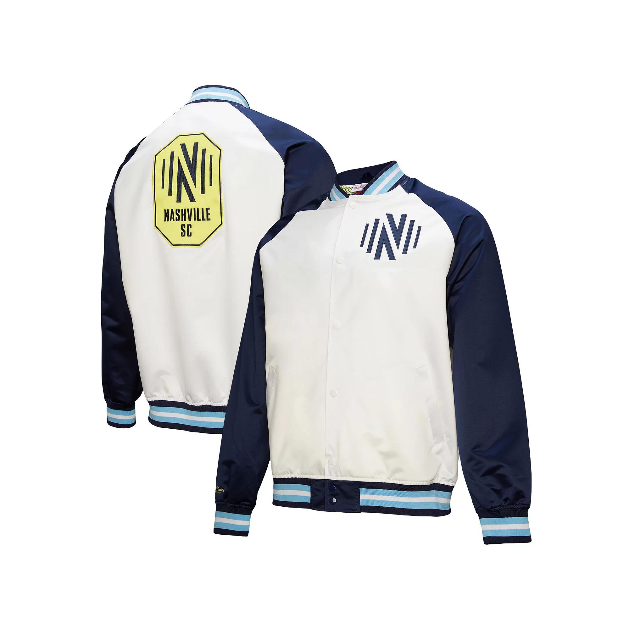 Men's Mitchell & Ness White/Navy Nashville SC 2025 Jersey Hook Lightweight Satin Raglan Full-Snap Jacket,  Product Image
