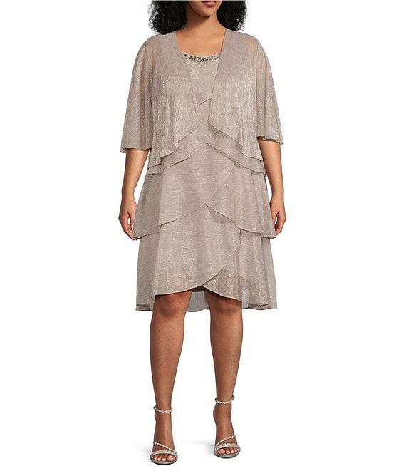 Ignite Evenings Plus Size Short Sleeve Embellished Crew Neck 2-Piece Jacket Dress Product Image