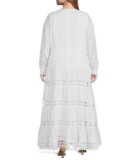 Layered With Love Plus Size Crew Neck Long Sleeve Bow Waist Detail Crochet Trim A-Line Dress Product Image