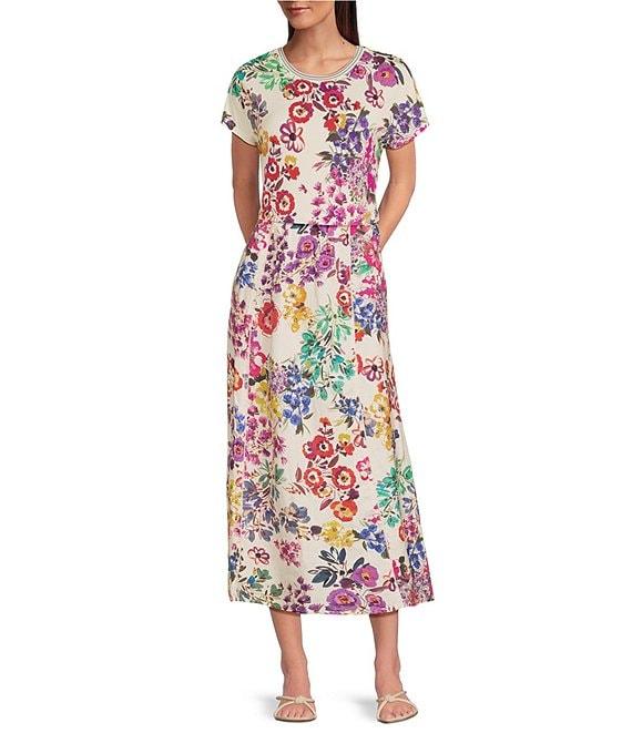 JOHNNY WAS Janie Favorite Floral Print Knit Crew Neck Short Dolman Sleeve Coordinating Tee Product Image