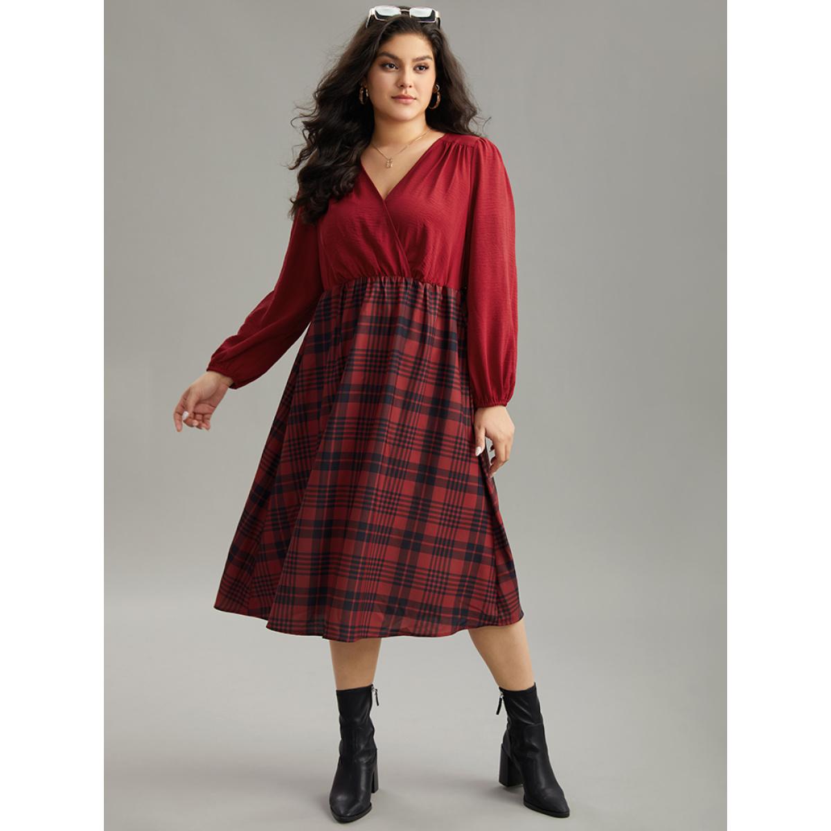Plus Size Plaid Patchwork Gathered Lantern Sleeve Dress Raspberry Women Casual Elastic cuffs V-neck Long Sleeve Curvy Midi Dress BloomChic 18-20/2X Product Image