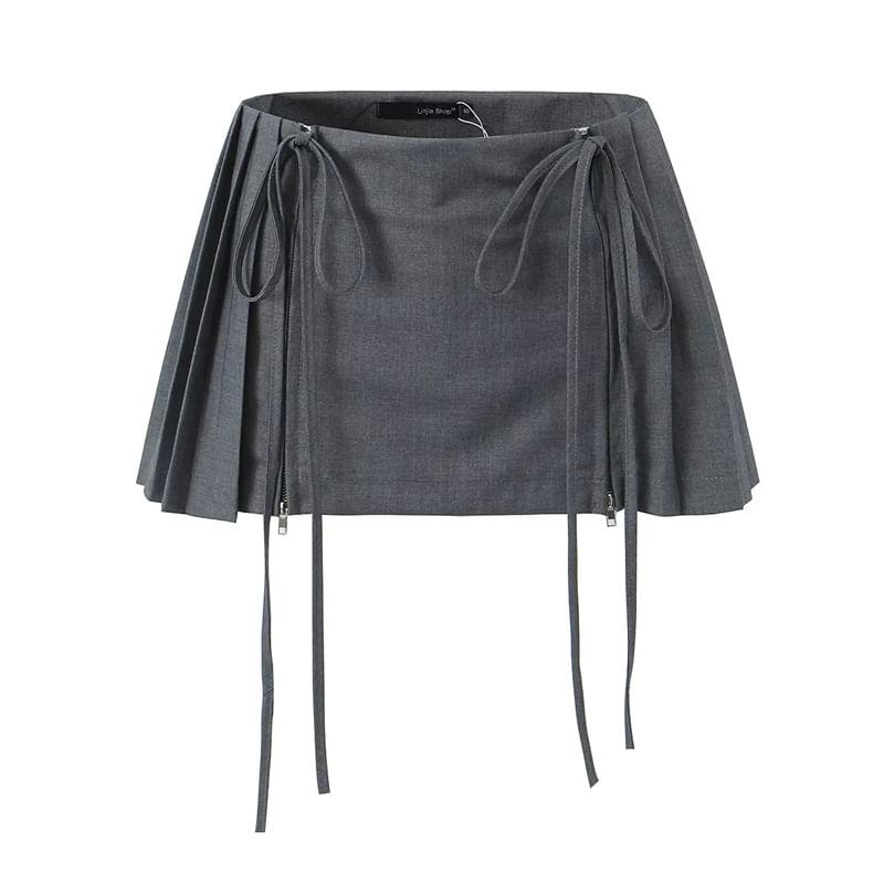 Low Waist Plain Pleated Drawstring Mini A-Line Skirt Product Image