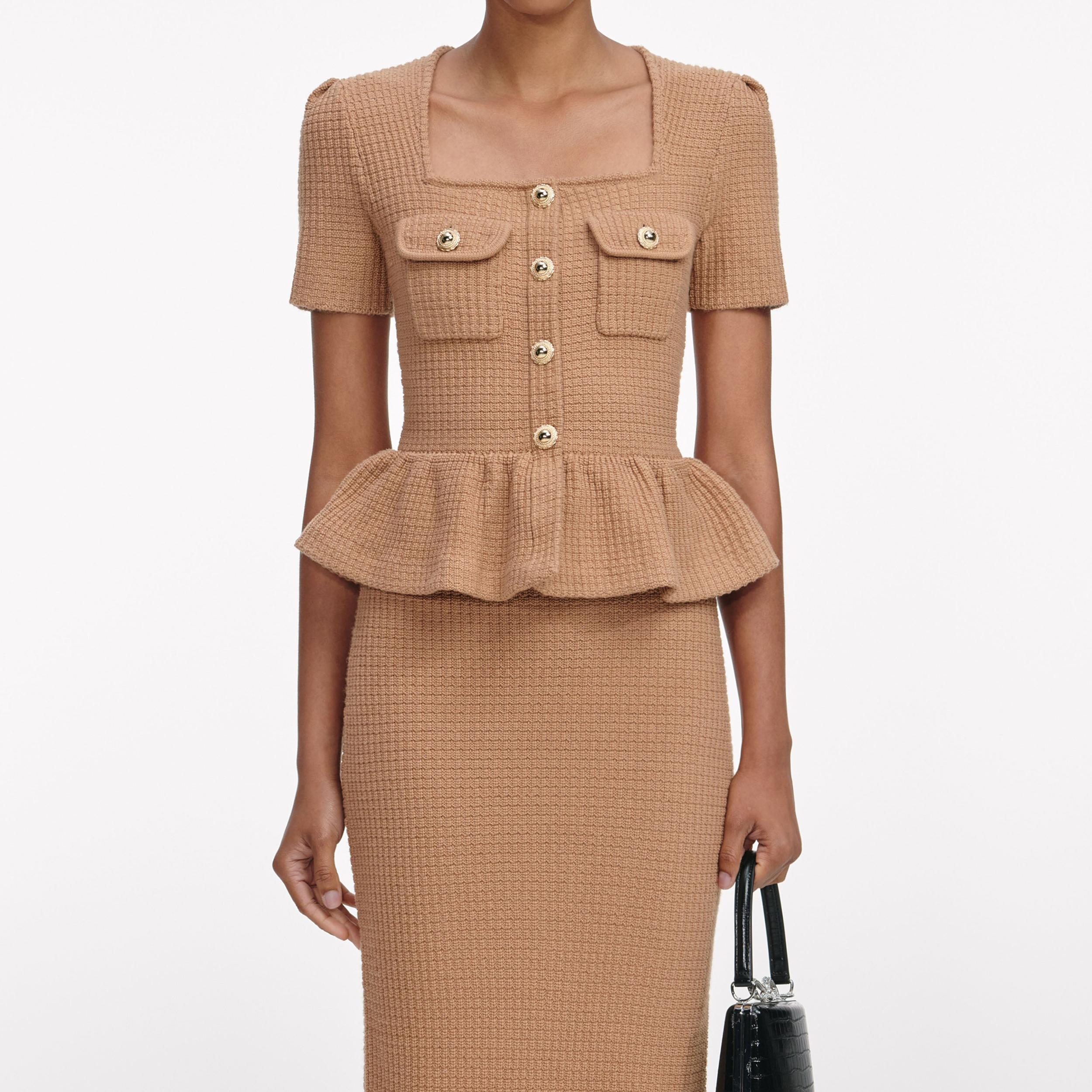 Camel Peplum Knit Midi Dress Product Image