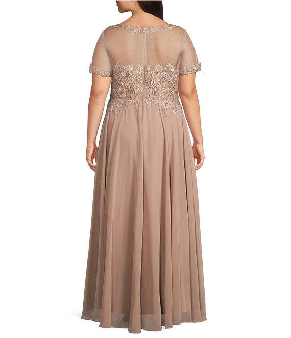 Xscape Plus Size Illusion Boat Neck Embroidered Sequin Bodice Chiffon Gown Product Image